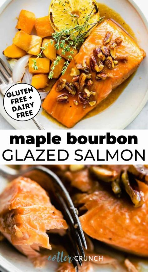 Bourbon Glazed Salmon is sweet, savory, and quick to make, meaning it’s perfect for an easy weeknight dinner! Grill, bake, or air fry to suit your needs, and pair it with your favorite veggies, rice, or quinoa for a meal everyone will love! Bourbon Glazed Salmon Recipes, Maple Bourbon Salmon, Bourbon Bacon Pecan Salmon, Bourbon Salmon, Maple Bourbon Glaze, Bourbon Glazed Salmon, Gluten Free Salmon, Gluten Free Entrees, Bourbon Glaze