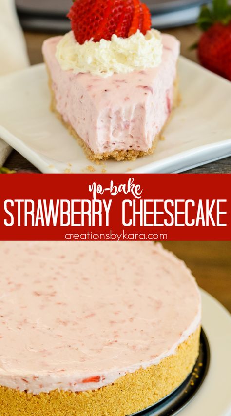 Love cheesecake but hate baking? This no bake strawberry cheesecake recipe is the perfect solution! It's simple, delicious, and requires no oven time. #nobakestrawberrycheesecake #easystrawberrycheesecake @Creations by Kara Strawberry No Bake Cheesecake, No Bake Cheesecake Strawberry, Strawberry Cheesecake Recipe Easy No Bake, No Bake Strawberry Cheesecake, No Bake Strawberry Cheesecake Lasagna Recipe, Strawberry Cheesecake Recipe Easy, No Bake White Chocolate Strawberry Cheesecake, Strawberry Nobake Cheesecake Recipe, Strawberry Cheesecake No Bake