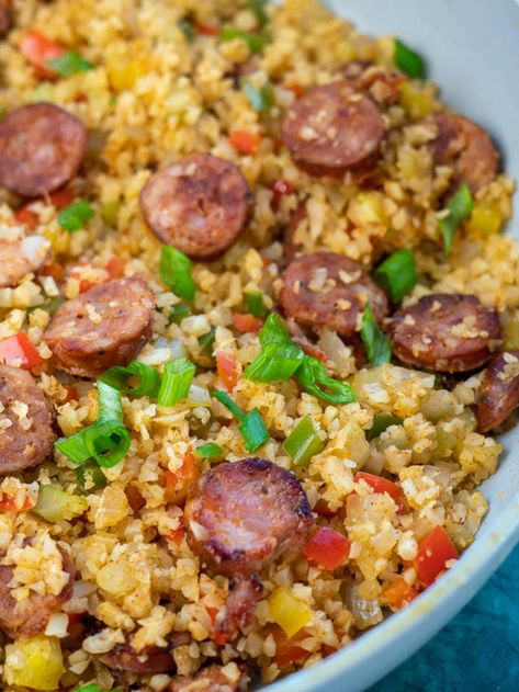 Cajun Sausage Cauliflower Rice Cajun Cauliflower Rice, Riced Cauliflower Recipes, Sausage Cauliflower, Cajun Cauliflower, Keto Cauliflower Recipes, Rice With Sausage, Keto Pork Recipes, Sausage And Vegetables, Cajun Dirty Rice