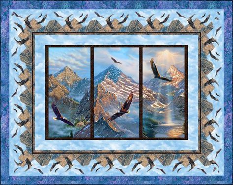 This week's Memorial Day Free Quilt Pattern features Northcott's Glory triptych panel with majestic eagles soaring over rocky mountain peaks. The superimposed American Flag makes this panel a Patriotic treasure. Eagle Panel Quilts, Eagle Quilt, Window Quilt, Panel Quilt Patterns, Lap Quilt Patterns, Fabric Panel Quilts, Outside My Window, Northcott Fabrics, Fabric Panel