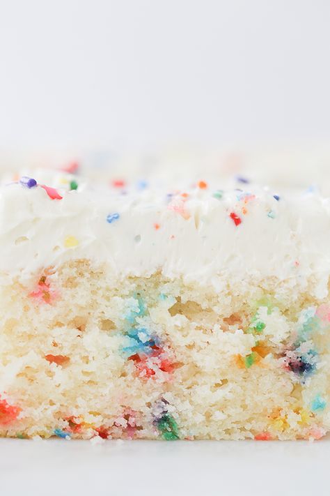 Homemade Funfetti Sheet Cake - Sugar and Charm Sugar and Charm Sprinkle Sheet Cake, Funfetti Sheet Cake, Small Birthday Cakes, White Birthday Cakes, Birthday Cake Flavors, Chocolate Peanut Butter Cake, Tiny Cakes, Cookie Cake Birthday, Sour Cream Cake