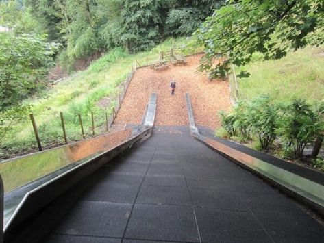 Hillside Slide Diy, Hillside Slide, Autocamp Yosemite, Backyard Slide, Outdoor Playscapes, Playground Landscaping, Diy Slides, Sledding Hill, Playground Slide