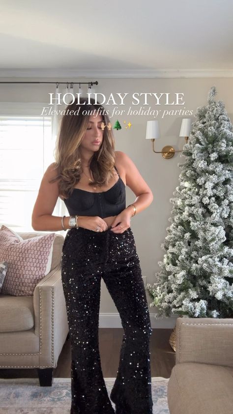 Sequin High Waisted Wide Leg Pants curated on LTK Tassle Pants Outfit, Holiday Party Jeans Outfit, Nye Midsize Outfit, Sequin Black Pants Outfit, Outfits With Sequin Pants, Nye Outfits Pants, Sparkly Trousers Outfit, Christmas Party Outfits Pants, Holiday Party Sequin Pants