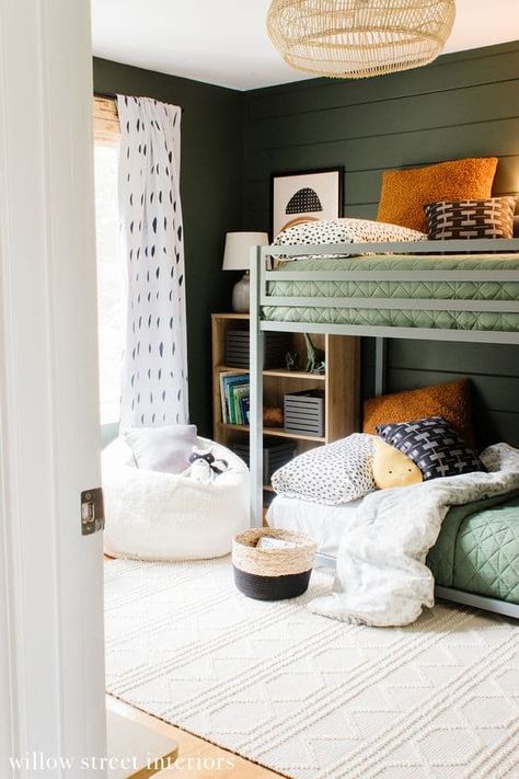 Boys Room Shared Bedrooms Bunk Beds, Brothers Bunk Beds, Mom And Son Shared Room Ideas, Toddler Bunk Bed Rooms, Vintage Vogue Bedroom Ideas, Harry Potter Shared Bedroom, Toddler Room Bunk Beds, Modern Rustic Playroom, Little Boy Shared Bedroom Ideas