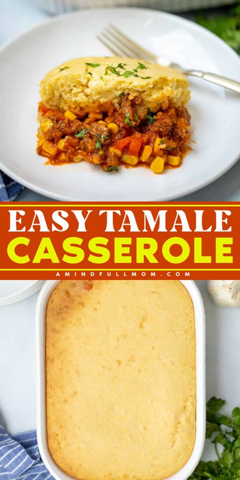 Enjoy Easy Tamale Casserole, the ultimate yummy comfort food! This Tamale Pie is kid friendly and made with seasoned ground beef and homemade cornbread. A family favorite casserole that's a hearty dinner recipe with delicious Mexican flavors. Make it and enjoy! Tamale Casserole With Jiffy, Tamales Casserole Recipe, Ground Beef Tamales Recipe, Tamale Chili, Tamales Casserole, Beef Tamale Pie, Easy Tamales Recipe, Family Favorite Casseroles, Easy Tamales