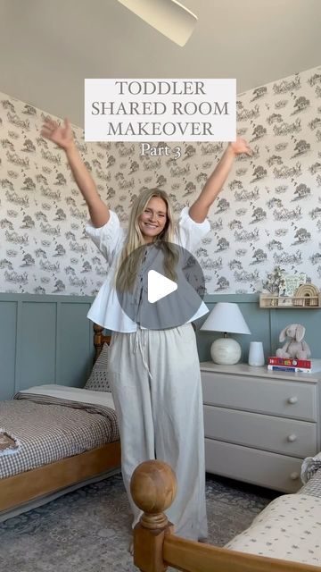 BROOKE SCHEURN | mom and lifestyle creator on Instagram: "PART 3- of my toddler’s shared room makeover!

Cottage core bedroom of my dreams 😍 the kids are obsessed too so I couldn’t be happier! Anything else I should add? 

Wallpaper- @loomwell 
Bedding- @zarahome 
Floral quilt- @lmbandco 
Dolls- @cuddleandkind 
Bean bag- @tokimats 
Black/white board- @gathre 
Sound machine- @hatchforsleep 
Lamp- @target 
Rug- @ruggable 
Beds/dresser/frames/chest- all thrifted" Loomwell Bedding, Crib And Twin Bed Shared Room, Nursery And Toddler Room Shared, Shared Toddler Boys Room, Shared Toddler And Baby Room, Toddler And Baby Shared Room, Shared Nursery And Toddler Room, Sisters Shared Bedroom, Baby And Toddler Shared Room