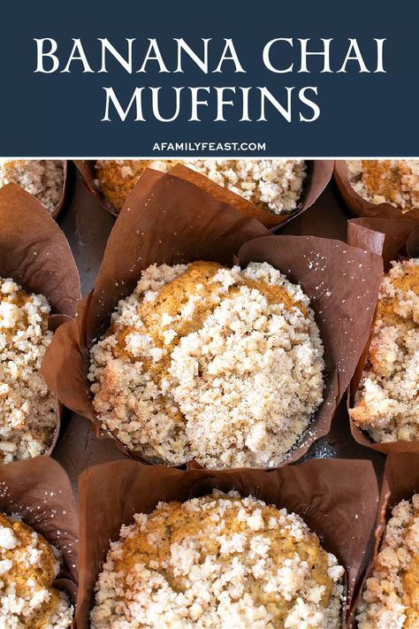 Banana Chai Muffins - A Family Feast® Spiced Banana Muffins, Chai Banana Muffins, Chai Muffins Recipe, Chai Pumpkin Muffins, Muffins Using Bananas, Chai Muffin Recipes, Banana Nut Oatmeal Muffins, Banana Baking Ideas, Morning Muffin Recipes