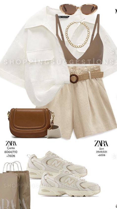 Beige Summer Outfit, Luxury Summer Beige Bag, Nuetral Pallete Outfits Summer, Beige Summer Tank Top, Neutral Summer Shorts, Everyday Beige Summer Shorts, Vietnam Clothes, Neat Casual Outfits, 30s Fashion