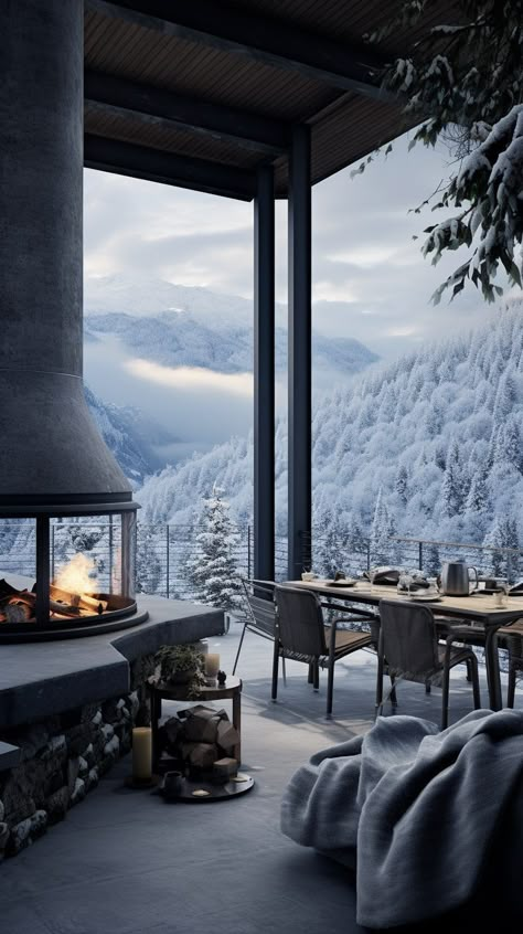 Patio of a Snowy Modern Mountain Home Mountain View House Plans, Freelance Branding, My Future Life, Winter Decorating Ideas, Vacation Houses, Mountain Dream Homes, Driftwood Chandelier, Snow Cabin, Cabin Vibes