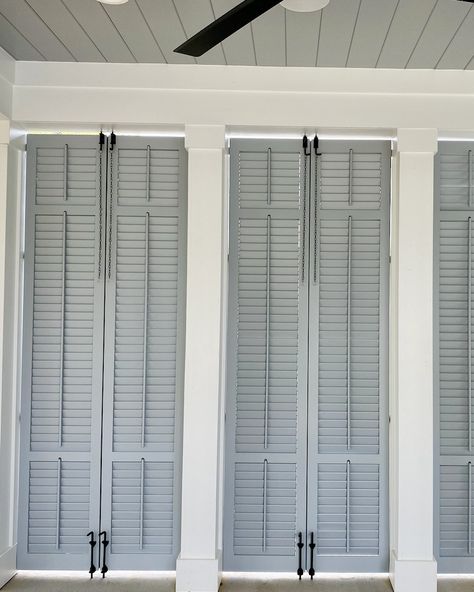 You can find us on the porch! Adding shutters to your outdoor living space enhances your privacy, shade, and luxury. Give your porch a refreshing upgrade and enjoy it all season long. Enclose Patio, Shutter Interior, Porch Shutters, Porch Privacy, Carport Ideas, Outdoor Shutters, Franklin Homes, Outdoor Screens, Shutter Blinds