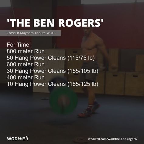 Use one barbell. Athlete must change own weights.  Named for Ben Rogers of CrossFit Mayhem @crossfitmayhem - a coach and athlete Rich Froning's gym in Cookeville, TN.  This workout was designed for Rogers and first posted on CrossFit Mayhem's WOD blog on September 29, 2016. The original post said Ben competed with Team Mayhem in the CrossFit Games in 2015 and in 2016, when they took 1st place. Strength For Runners, Team Wod, Crossfit Workouts Wod, Rich Froning, Crossfit Workouts At Home, Crossfit At Home, Wod Workout, Hiit Training, Martial Arts Workout