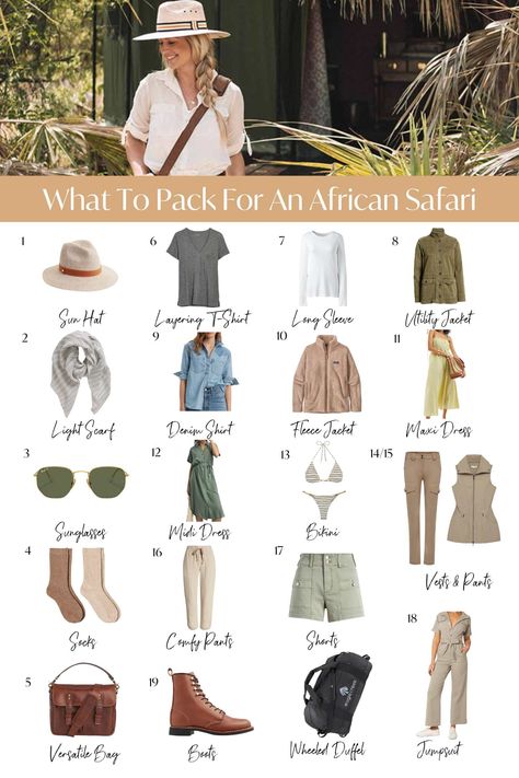 What to Pack for an African Safari • The Blonde Abroad Womens Safari Clothing, Clothes For Safari Women, African Trip Outfits, What To Pack For African Safari, Africa Honeymoon Outfits, What To Pack For Safari, Safari Chic Outfits Women, Packing For Africa, Chic Safari Outfits