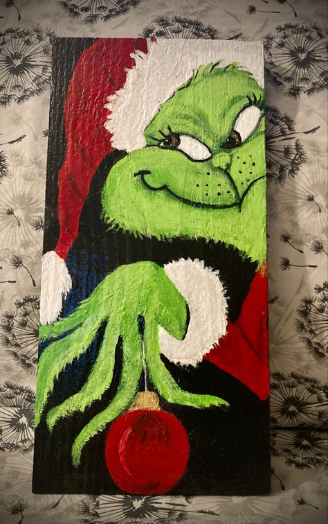 Grinch Paintings On Canvas, The Grinch Painting Ideas, Grinch Lettering, Grinch Gnome Painting, Grinch Painting Ideas, Easy Grinch Painting, The Grinch Christmas Painting, Grinch Canvas Painting, The Grinch Painting On Canvas