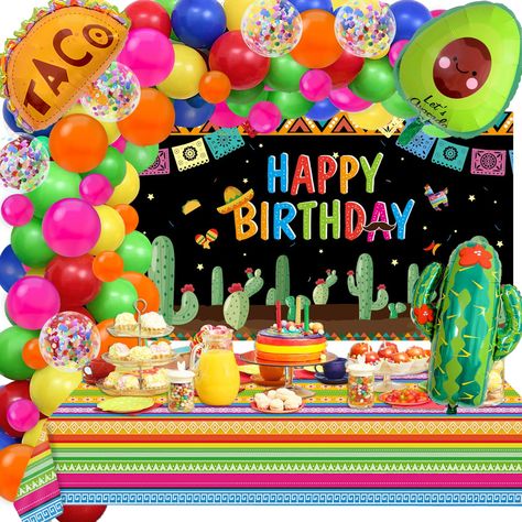 PRICES MAY VARY. Package Include: 1x table cloth, 1x "HAPPY BIRTHDAY" backdrop, 82pcs seven color latex balloons (20pcs 5 ", 56pcs 10 "), 6pcs 12 "sequin balloons, 1x cactus foil balloon, 1x Taco foil balloon, 1x avocado foil balloon High Quality Product: Thicken latex balloons are non-toxic, elastic, easy to blow but not easy to burst. Our foil balloons are made of quality materials with beautiful patterns and clear printing. The tablecloth is durable and not easy to break Applicable Multiple S Mexican Birthday Party Decorations, Three Esta Birthday Party, Mexican Birthday Parties, Mexican Party Decorations, Mexican Birthday, Mexican Theme, Garland Arch, Fiesta Birthday, Adult Birthday Party