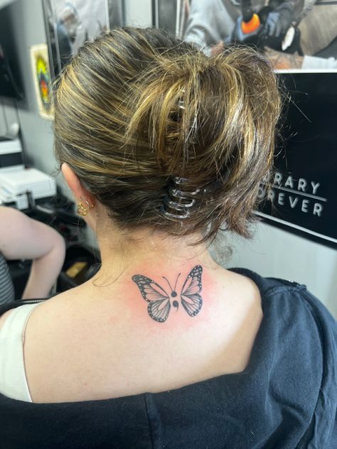 Big Semi-colon Tattoo Ideas, Semi-colon Butterfly Tattoo Aesthetic, Semi-colon Butterfly Tattoo, Butterfly Semicolon Tattoo, Semi Colon Butterfly, Butterfly Semicolon, Colon Tattoo, Butterfly Neck Tattoo, Butterfly Wrist Tattoo