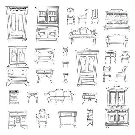 Premium Vector | Antique furniture set: closet, nightstand, closet, chairs, nightstands and bureaus isolated. vector hand drawn retro collection. sketch style. Antique Chair Styles, Vila Medieval, Drawing Furniture, Furniture Sketch, Retro Collection, Interior Design Sketches, Vintage Closet, Sketch Style, Vintage Room