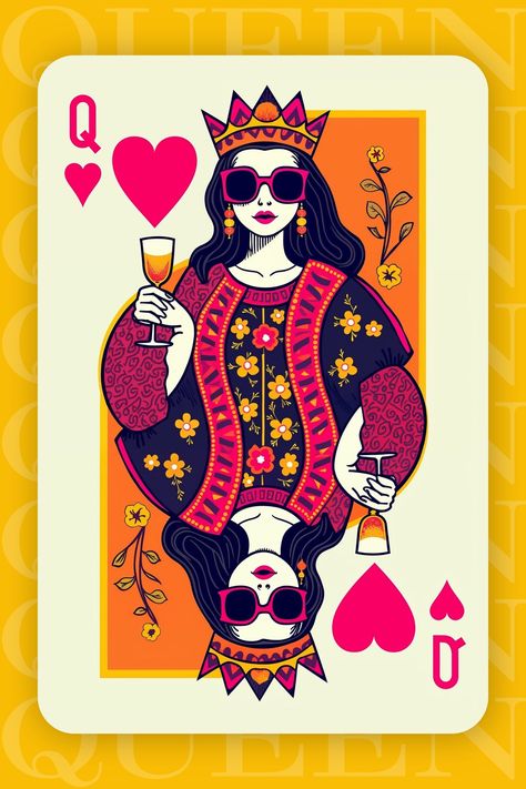 Step into a world where classic royalty meets modern chic with this playful interpretation of the Queen of Hearts. Bright and bold, this artwork brings a pop of color with its warm orange, pink, and deep navy hues, setting a lively mood for any room. The queen, adorned in floral patterns and bold accessories, exudes a fun, confident attitude, perfectly blending traditional card design with contemporary elements. The graphic style, enhanced by sharp lines and vivid shades, makes this piece a stan Queen Of Hearts Rise Of Red, Queen Of Hearts Print, Alice In Wonderland Graphic Design, Queen Card Design, Modern Queen Of Hearts, Queen Of Hearts Illustration, Black Feminine Energy, Playing Card Illustration, Ace Of Hearts Card