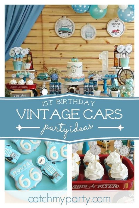 Check out this fun vintage car themed 1st birthday party! The birthday cake is adorable! https://buff.ly/2Ll5bKH #catchmyparty #partyideas #vintagecar #vintagecarbirthdayparty #boy1stbirthdayparty #car1stbirthdayparty Vintage Car Birthday Party, Easy Kids Party, Vintage Car Birthday, Vintage Car Party, Vintage Party Ideas, Old Fashioned Cars, Car Birthday Party, Cars Birthday Cake, Themed 1st Birthday