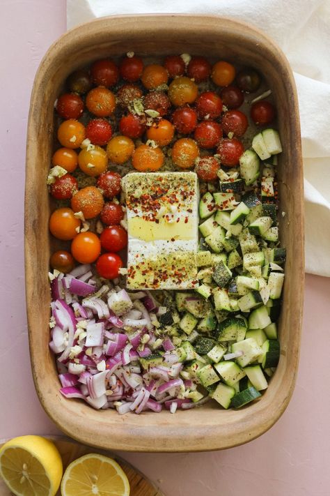 Fresh Zucchini Baked Feta Pasta  - Mozie Veggie Feta Pasta, Feta Pasta With Veggies, Squash Feta Bake, Baked Feta Pasta With Veggies, Baked Feta Veggie Pasta, Feta Cheese Pasta With Zucchini, Roasted Vegetable Feta Pasta, Zucchini Tomato Pasta Recipes, Feta Basil Pasta