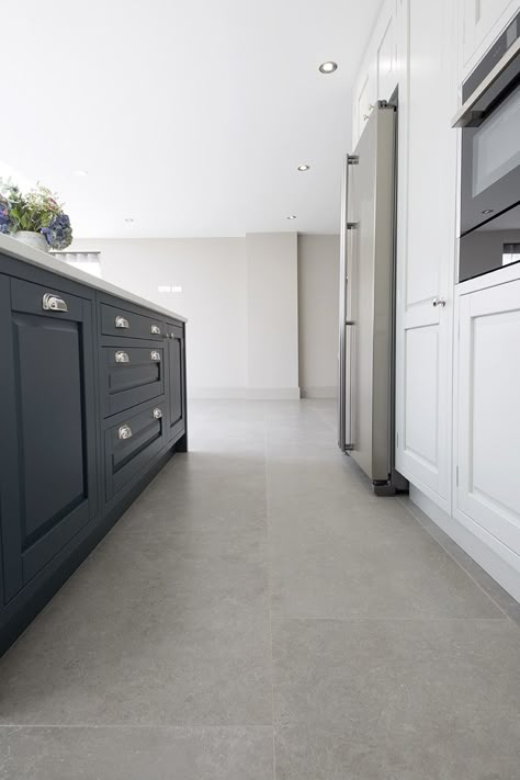 Okehampton English Grey porcelain stone tiles | MyStoneFloor Grey Stone Kitchen Floor, Kitchen Grey Tiles Floor, Kitchen Floor Stone, Grey Tiled Kitchen Floor, Grey Kitchen Flooring Ideas Tile, Concrete Effect Tiles, Kitchen With Ceramic Tile Floor, Concrete Floor Tiles Kitchen, Small Kitchen Tile Floor