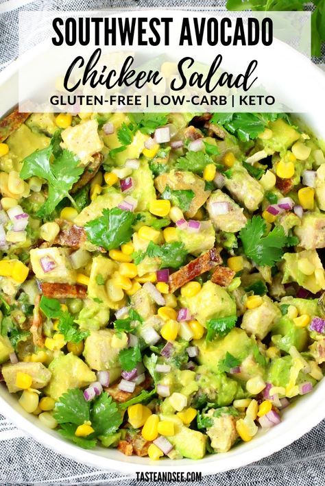 This Southwest Avocado Chicken Salad is the most delicious chicken salad you’ve ever tasted!  With avocados, chicken, bacon, red onions, corn, cilantro, Jalapenos, and an amazing Southwest dressing!  This creamy and hearty dish is not only super tasty but it’s good for you as well!  #ChickenSaladNoMayo #HealthyChickenSalad #GlutenFree #LowCarb #KetoRecipes  #GreekYogurtChickenSalad #HomemadeChickenSalad #TasteAndSee Chicken Salad No Mayo, Southwest Dressing, Avocado Chicken Salad Recipe, Homemade Chicken Salads, Greek Yogurt Chicken Salad, Delicious Chicken Salad, Fit Foods, Avocado Chicken, Healthy Chicken Salad