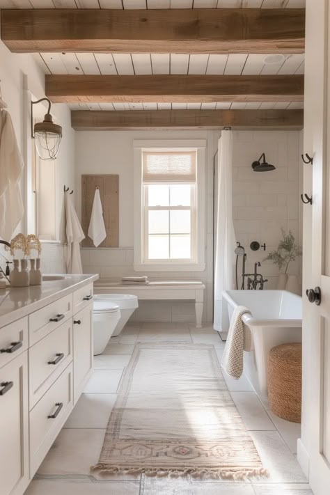 Modern Farm Bathroom Design, White Farmhouse Master Bath, Country Living Bathroom Ideas, White Bathrooms With Wood Accents, White Bathroom With Wood Accents, Neutral Farmhouse Bathroom, European Farmhouse Bathroom, White Wood Bathroom, Cottage Bathroom Inspiration