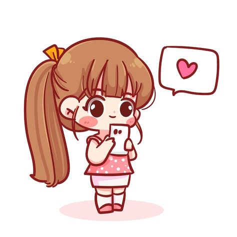 Girl With Phone In Hand Drawing, Girl Holding Phone Reference, Girl Using Phone Drawing, Chibi Holding Phone, Girl With Phone Cartoon, Mobile Cartoon, Bubble Heart, Heart Cartoon, Girl Cartoon Characters