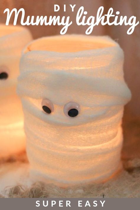 Mummy Candle Jars, Mummy Jar Lanterns, Spooky Centerpieces, Mummy Jars, Mummy Candles, Mummy Diy, Mummy Jar, Mummy Craft, Candles For Halloween