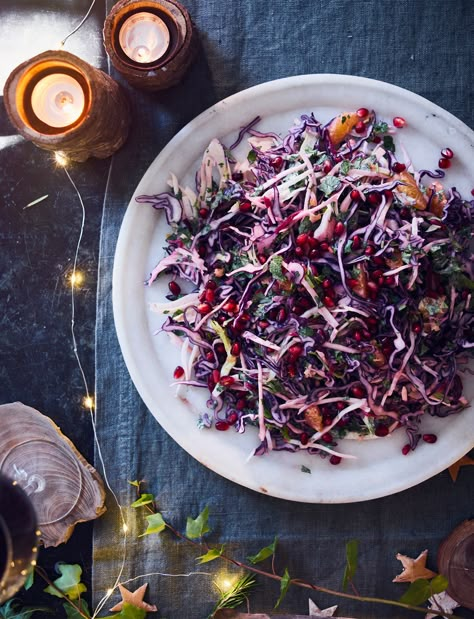 Dig into this jewelled winter slaw recipe from Jackson and Levine. This seasonal vegetarian and gluten-free dip makes a great Christmas party side Raw Food Christmas Recipes, Winter Slaw Recipe, Christmas Slaw Recipes, Christmas Food Vegetarian, Winter Dinner Party Recipes, Festive Salads Christmas, Winter Bbq Side Dishes, Christmas Coleslaw, Winter Salads For Parties