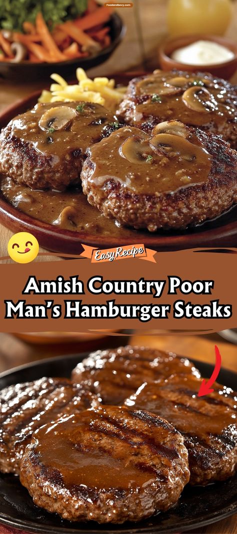 Indulge in the rustic charm of Amish Country Poor Man's Hamburger Steaks, featuring ground beef patties smothered in a rich, onion gravy. This budget-friendly dish brings homestyle cooking right to your table, offering both comfort and satisfaction. #HamburgerSteak #AmishCuisine #ComfortCooking Hamburg Steak With Brown Gravy, Amish Salisbury Steak, Hamburgers In Gravy Recipe, Hamburgers Cooked In The Oven, Recipe For Hamburger Patties, Hamburgers Without Buns, Breaded Hamburger Steak, Hamburger With Biscuits, German Hamburger Recipes