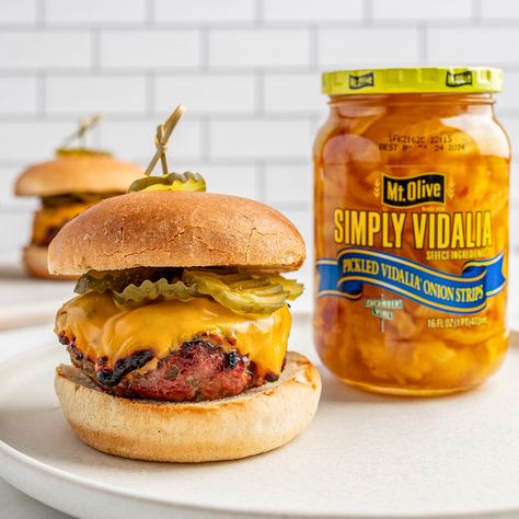 Pickled Onion Burger Burger With Pickled Onions, Fried Pickle Burger, In And Out Onion Burger, Burger With Caramelized Onions, Caramelized Onion Burger, Onion Burger Recipe, Hot Banana Peppers, Kosher Dill Pickles, Onion Burger