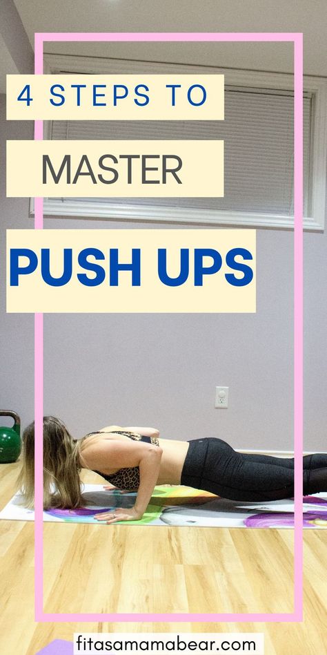 Use these 4 tried and true steps to learn how to get better at pushups! If you’re a beginner, learn how to do a pushup properly and the best way to improve them @fitasamamabear #pushups #fitness #exercisetips #pushups How To Properly Do A Push Up, How To Do A Push Up If You Cant, How To Get Better At Pushups, How To Learn Push Ups, How To Work Up To A Pushup, How To Do 100 Pushups, Get Better At Pushups, How To Learn To Do Pushups, Modified Push Up For Beginners