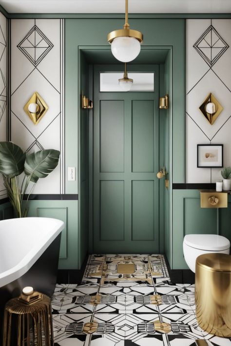 Step into the glamour of the 1920s with this small bathroom featuring bold geometric patterns and elegant brass accents. Vintage sophistication for modern living. #ArtDeco #SmallBathroom #VintageGlamour White Bathroom With Black Trim, 1920s Design Interior, Blue Art Deco Bathroom, Art Deco Style Bathroom, 1920 Bathroom 1920s Style, Light Airy Bathroom, 20s Bathroom, Elegant Small Bathroom Ideas, Small Elegant Bathroom