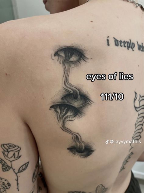 Eye Of Lies Tattoo, The Eyes Of Lies Tattoo, Eyes Of Lies Tattoo, Evolving Tattoo, Trippy Tattoo Designs, Under Eye Tattoo, Mens Face Tattoos, Trippy Tattoo, Camera Tattoos