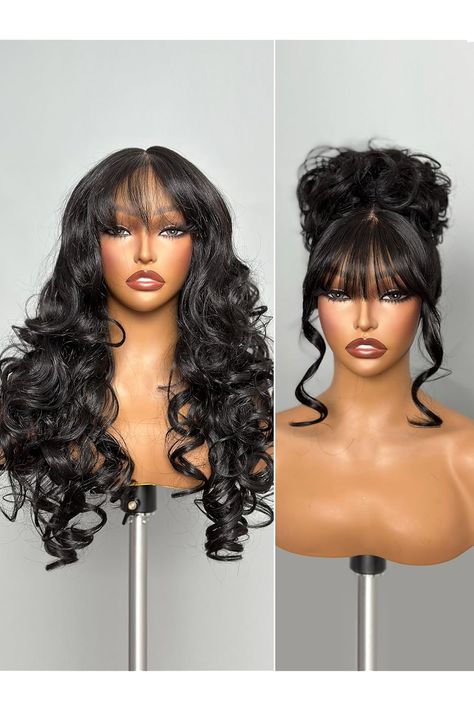 Black Wigs with Bang Body Wave Wig Long Natural Black Glueless Wavy Wig for Women Crafted with Style-Archiveâ„?Technology: Premium Fiber &amp; Remy Human Hair Blend, Realistic Look with True Scalp Bang Wigs For Black Women, Wig Hairstyles With Bangs, Wigs With Bangs For Black Women, Wavy Wigs Black Women, Wigs Styles For Black Women, Body Wave Wig Hairstyles, Sew In With Bangs, Women Cornrows, Black Wigs