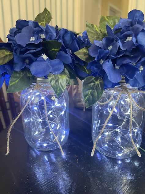 Navy Blue Quinceanera Centerpieces, Navy Blue 15 Centerpieces, Blue Jar Centerpiece, Black And Blue Centerpieces, Navy Blue Quince Decorations, Sweet Sixteen Party Ideas Blue, Prom Table Decorations, Dark Blue Centerpieces Quince, Royal Blue Centerpieces Quinceanera