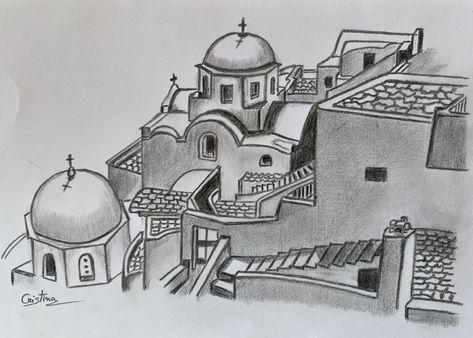 Greece - Santorini — Drawing - pencil sketch - A place I ... 💚💛💜💖 ... !!! Santorini Drawing, Greece Drawing, Cinque Terra, Alevel Art, Architecture Drawing Sketchbooks, Greece Santorini, City Drawing, Pencil Sketches, Drawing Pencil