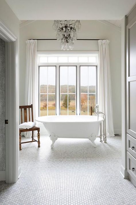 Bathroom Ideas With Large Window, Bath Tub In Front Of Window, Bathtub In Front Of Window, Clawfoot Tub Bathroom, British Elegance, French Modern, White Bathroom Designs, Pleat Curtains, Farmhouse Inspiration