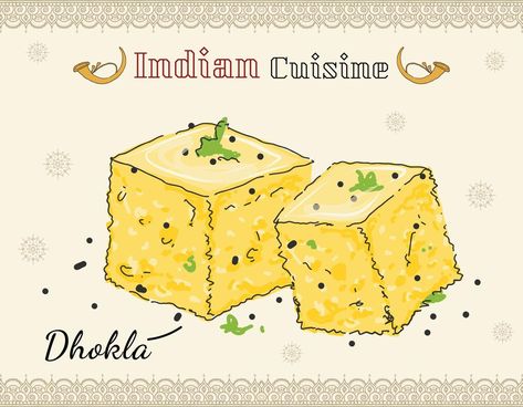 Gujarati Food Illustration, Dhokla Illustration, Garvi Gujarat Drawing, Gujarat Food, Honey Drawing, Barcode Tattoo, Plate Drawing, Memories Art, Childhood Memories Art