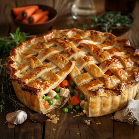 Chicken Pot Pie Recipe Ingredients: For the Filling: 1 pound boneless, skinless chicken breasts, cooked and diced 1 cup frozen peas 1 cup diced carrots 1 cup diced potatoes 1/2 cup diced celery 1/2 cup diced onions 3 cloves garlic, minced 1/4 cup unsalted butter 1/4 cup all-purpose flour 2 cups chicken broth 1 cup whole milk 1 teaspoon dried thyme Salt and freshly ground black pepper, to taste For the Crust: 2 pie crusts (store-bought or homemade) 1 egg, beaten (for egg wash) Instructions: ... Home Comfort Food, Shepards Pie Aesthetic, Chicken Pot Pie Aesthetic, Chicken Pot Pie Tiktok, Buzzfeed Tasty Chicken Pot Pie, Preppy Kitchen Chicken Pot Pie, Thyme Salt, Chicken Pot Pie Recipe, Pot Pie Recipe