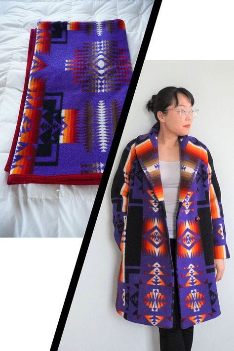 How to Refashion a Wool Blanket into a Winter Coat Blanket Capote Patterns, Diy Wool Blanket Coat, Blanket Coat Pattern Diy, Diy Coat From Blanket, How To Make A Coat From A Blanket, Jackets Made From Blankets, Wool Poncho Pattern Sewing, Coat Made From Wool Blanket, Jacket From Blanket Diy