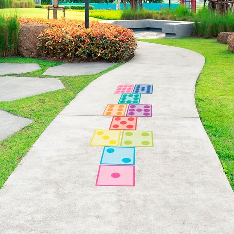 "Make your own Sensory Path Hopscotch game with our textured dice floor decals! They are removable and won't leave any sticky residue. Message me if you have any questions or need a different size! Each dice is 9\" Wide - Set of 10 large decals Floor Decals can be applied to most surfaces: Concrete Pavement/Asphalt Pavers Carpet Tile Etc. Make sure the surfaces below are in good shape (not brittle or flaking) before application: Sealed or painted smooth concrete Laminate flooring Hard wood floors Painted Decks Linoleum **Do not stick to painted walls **These are single use decals. Once they are pulled up, the adhesive will no longer be sticky.**" Creative Hopscotch Ideas, Hopscotch Ideas Sidewalk Chalk, Fun Chalk Ideas, Sensory Pathways, Playground Painting, Fun Chalk Art, Painted Pavers, Colorful Room Decor, Peel And Stick Floor