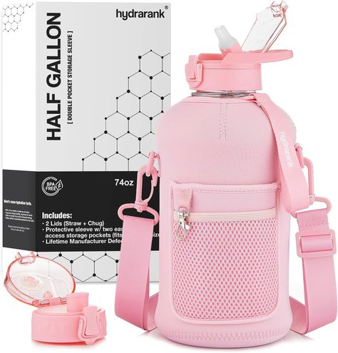 Amazon.com: HYDRARANK Half Gallon Water Bottle with Storage Sleeve and Straw Lid - BPA Free Large Gym Water Bottles for Women - Leak Proof - Reusable Pink Water Jug with Strap, Handle (74 Ounce) : Sports & Outdoors Giant Water Bottle, 2l Water Bottle, Half Gallon Water Bottle, Gallon Water Jug, Gym Water Bottle, Water Bottle Storage, Gym Bottle, Large Water Bottle, Pink Gym