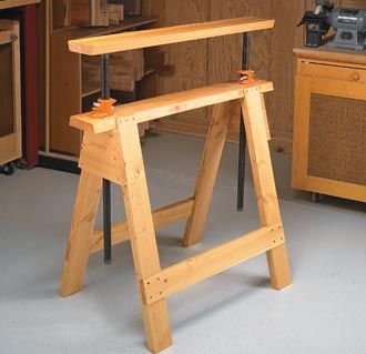 Every shop needs a good pair of sawhorses. Here's a good way to get even more use out of the set you have. Adjustable Sawhorse, Saw Horse, Woodworking Workbench, Learn Woodworking, Diy Holz, Woodworking Workshop, Homemade Tools, Wood Tools, Woodworking Bench