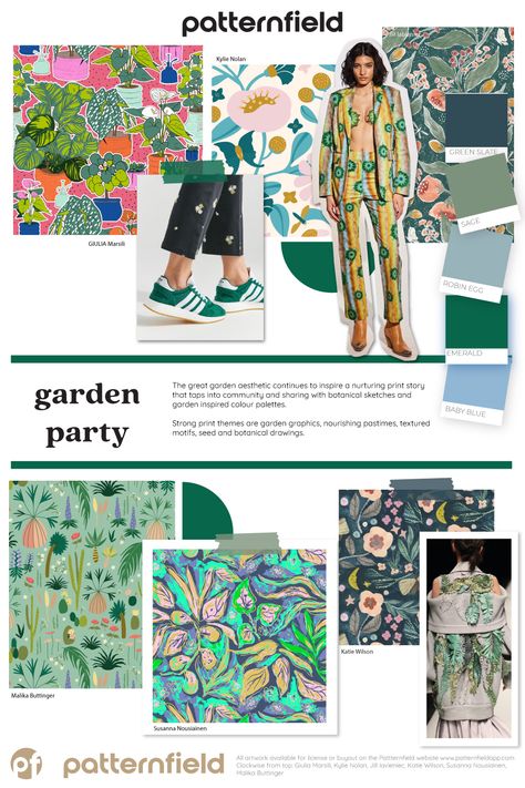 The great garden aesthetic continues to inspire a nurturing print story that taps into community and sharing with botanical sketches and garden inspired colour palettes. Strong print themes are garden graphics, nourishing pastimes, textured motifs, seed and botanical drawings. #trends #2024trendboard #moodboard #2024 #surtex #surtex2023 #patternfield #printandpattern #surfacepatterndesign #artbuyers #fashiontrend #textiledesign 2024 Moodboard Fashion, 2023 Pattern Trends Forecast, Wgsn Print Trend 2024, Fashion Collection Moodboard Inspiration, Print Trends 2023 Wgsn, Textile Print Trends 2023, Fashion Collection Themes Inspiration, Prints 2024 Trend, Trending Prints 2024