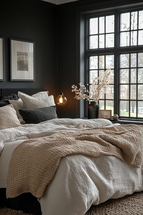 Dark Gray And Ivory Bedroom, Charcoal Bedroom Wall, Dark Grey Complimentary Colours, Dark Grey Bed Decor, White And Dark Grey Bedroom, Black Taupe Bedroom, Colors That Go With Charcoal Grey, Bedroom Dark Gray Walls, Dark Charcoal Bedroom Walls