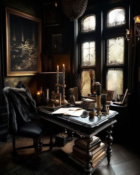 Victorian Gothic Office, Work Nook, Dark Academia Office, Academia House, Victorian Office, Dark Academia Bedroom, Dark Academia Interior, Dark Academia Home, Academia Bedroom