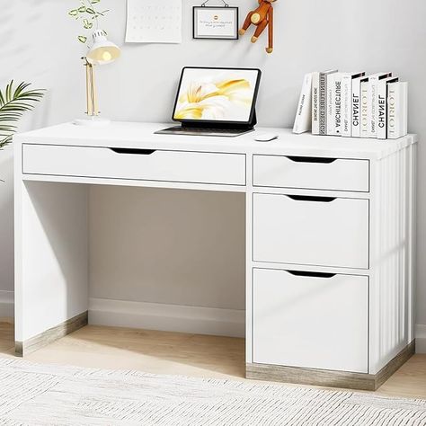 Amazon.com: MaverickFurni White Desk with 4 Drawers, Small Desk with Storage, White Computer Desk with Filing Cabinet, Small Desks for Kids, Home Office Desk with Drawers, Bedroom, Small Space : Home & Kitchen Cute Desk With Storage, White Desk With Drawers On Both Sides, Cute Desks White, Desk For Girls Bedroom, White Desk In Bedroom, Desk White Aesthetic, Cute Simple Desk, White Desk With Shelves, Small Desk With Storage