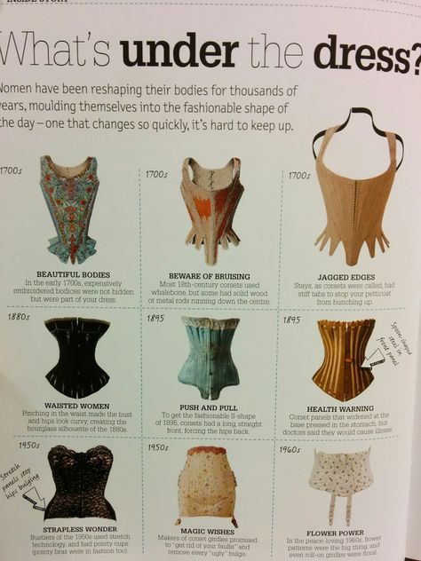 Different shapes a styles of historical corsets which are now coming back in to fashion.  Alezandra Black (2014). DK The Fashion Book. London: Sarah Larter. 26. History Of Corsets, Types Of Corsets Style, Historic Corset, Corset Historical, Types Of Corsets, Victorian Era Aesthetic, Antique Corset, Fashion History Books, Edwardian Era Fashion