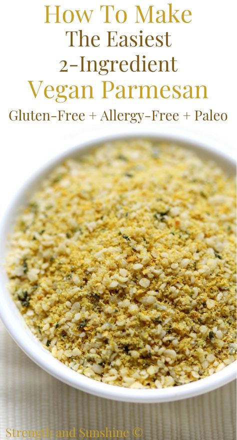 How To Make The Easiest 2-Ingredient Vegan Parmesan (Gluten-Free, Allergy-Free, Paleo) | Strength and Sunshine @RebeccaGF666 Looking for the best and easiest way to make vegan parmesan cheese? Here's how to make the quickest and healthiest, 2-ingredient vegan parmesan that's from real whole foods, gluten-free, allergy-free, even paleo! Perfect to have on hand for topping, sprinkling, and making anything Aip Cheese, Hemp Hearts Recipes, Vegan Cheese Recipes, Vegan Parmesan Cheese, Hemp Hearts, Dairy Free Cheese, Vegan Parmesan, 2 Ingredient, Nutritional Yeast